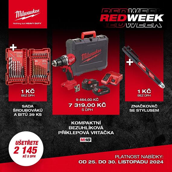 MILWAUKEE RED Week sada 1 - BLPDRC-422C + značkovač + sada bitů