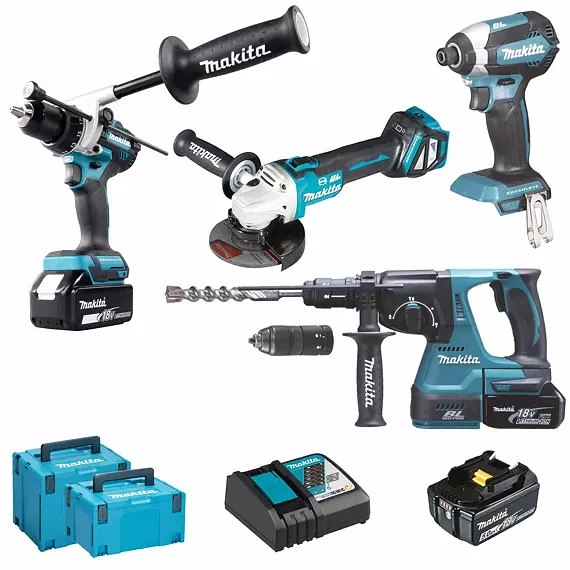 MAKITA DLX4158TJ aku sada 18V/3*5Ah, DTD153+DHP486+DGA513+DHR243, 2* MAKPAC (3 + 4)