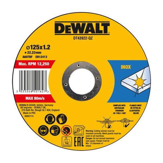 DeWalt DT43922 řezné kotouče 125*1,2*22,2mm, na ocel a nerez, balení 10ks v plechové krabičce