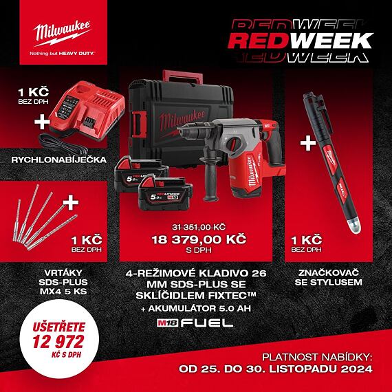 MILWAUKEE RED Week sada 3 - FHX + 2*5Ah + vrtáky + značkovač